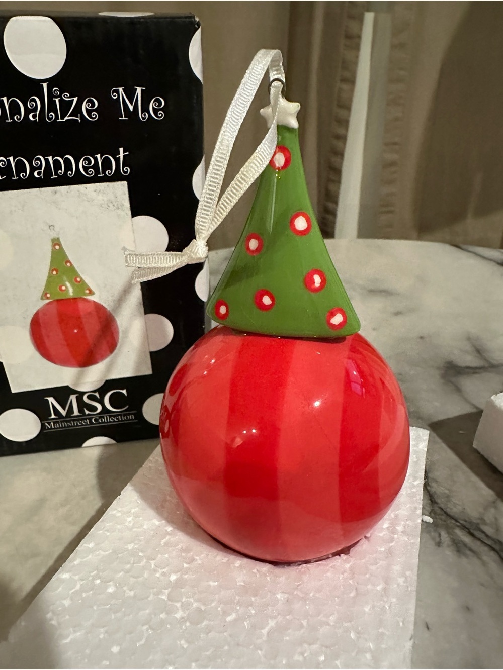 MSC Red Ceramic Holiday Ornament with Green Tree Top